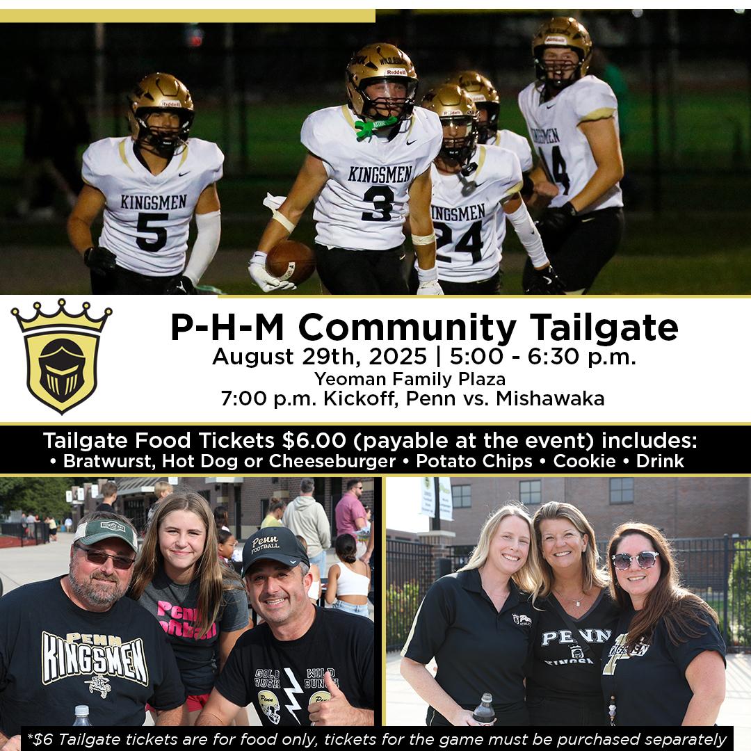 P-H-M’s Annual Community Tailgate is back THIS Friday, August 29, before Penn Football’s home opener: “The Backyard Brawl” against Mishawaka! 🎉 Gates open at 5:00 p.m., so grab your game ticket and join us at the white tents in the south end zone for food, fun, and Penn pride.